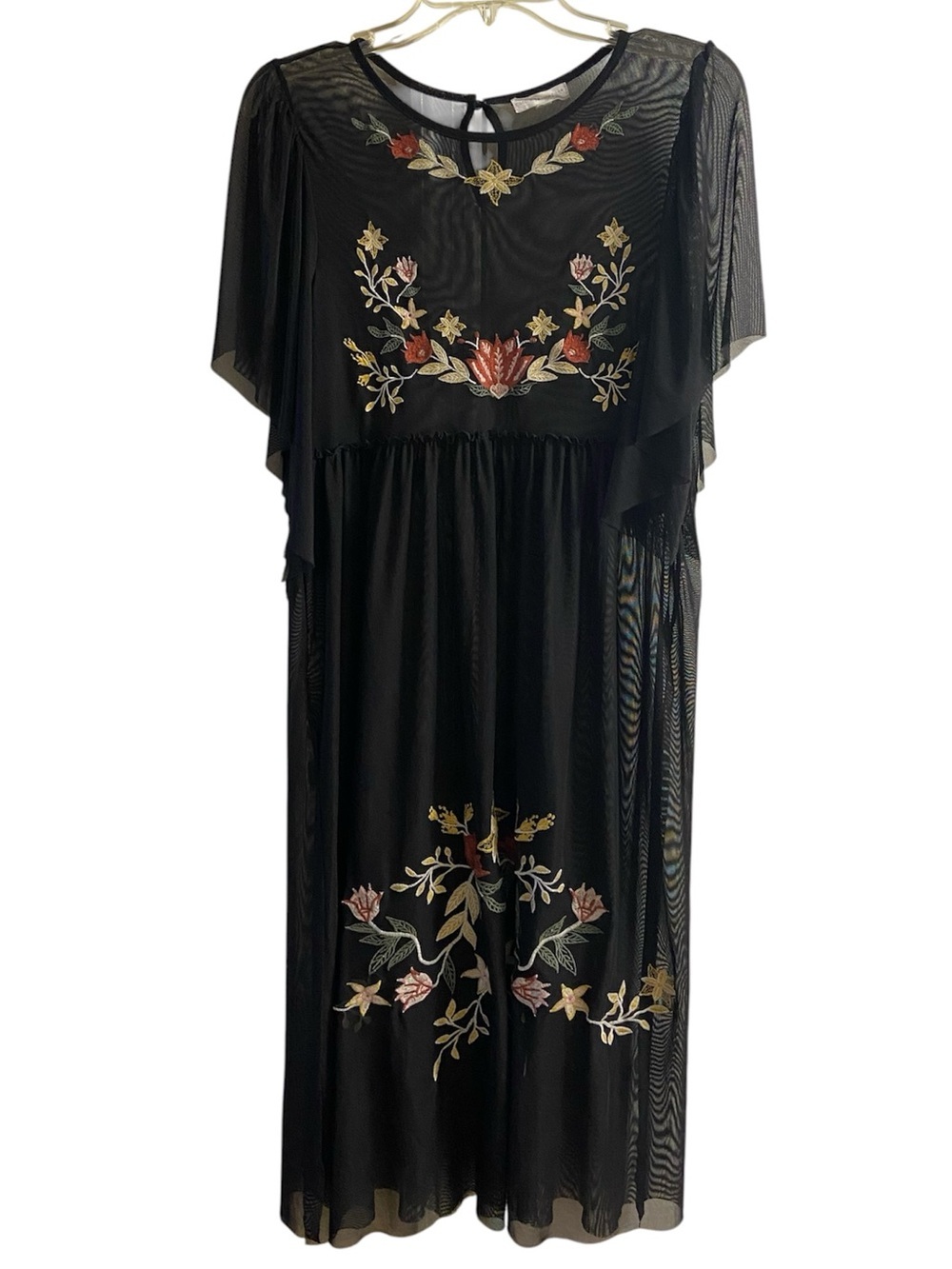 Coco+Jaimeson Black Embroidered Floral Midi Dress with Flutter Sleeves Small - Picture 2 of 8